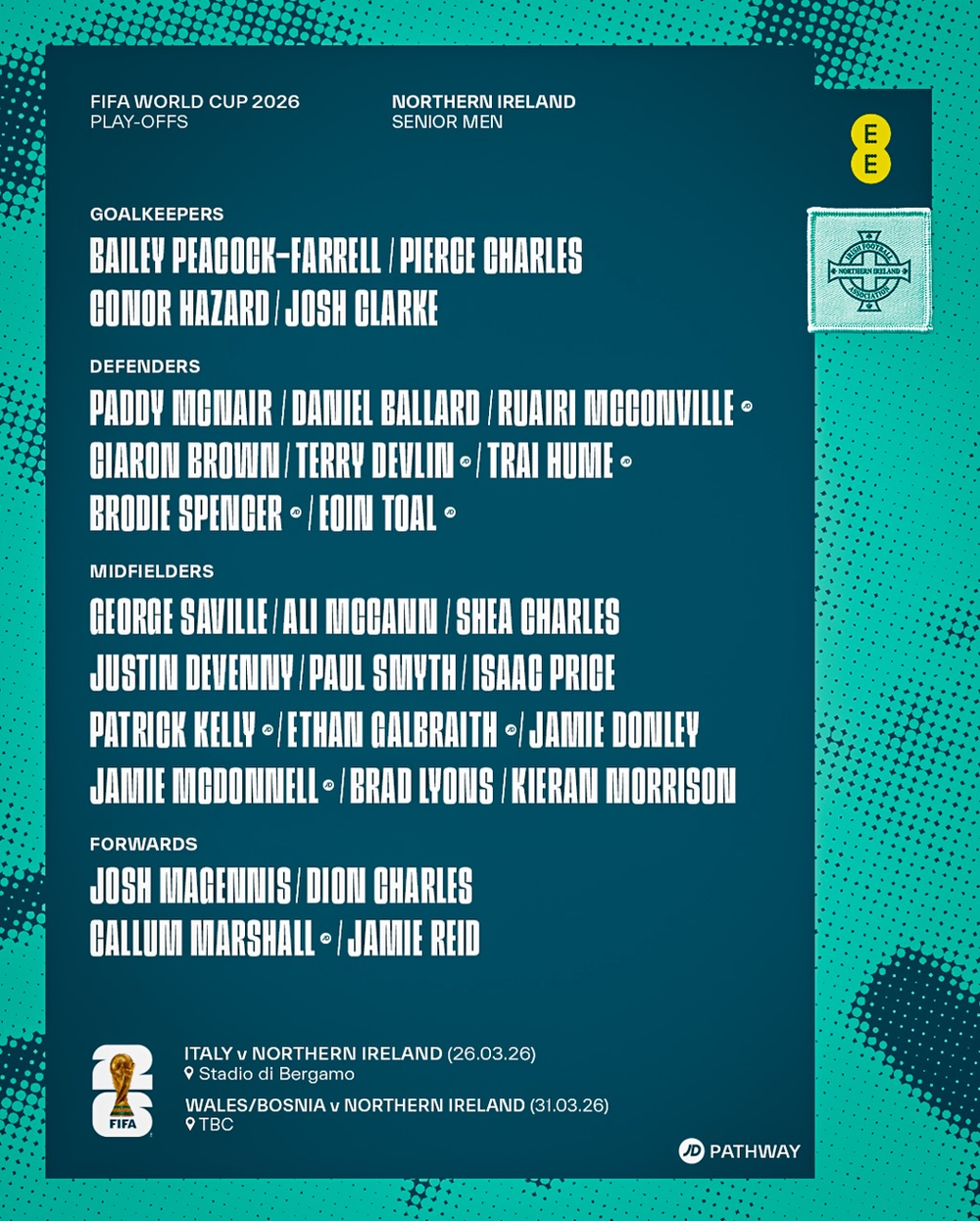 Los convocados de Irlanda del Norte para enfrentar a Italia en el Repechaje del Mundial 2026.