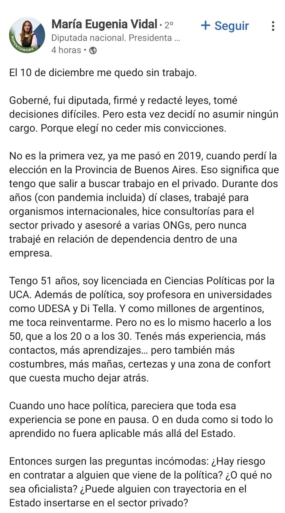 El posteo de María Eugenia Vidal en LinkedIn