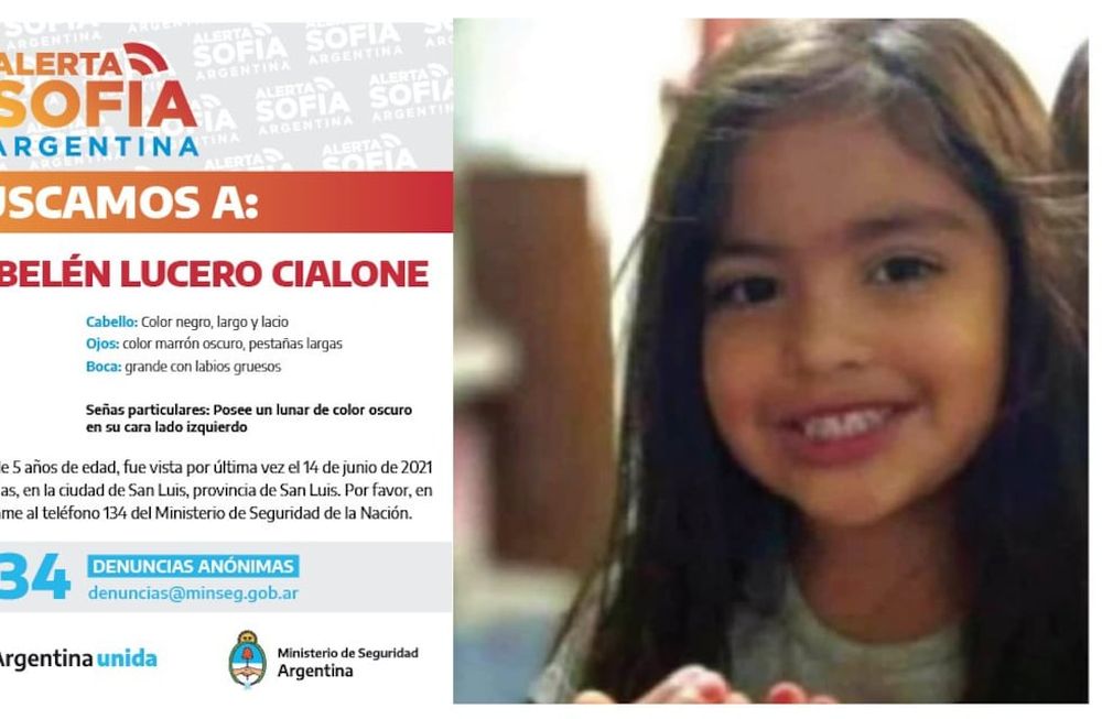 El Ministerio de Seguridad de la Nación activó recientemente el programa Alerta Sofía, con el objetivo de dar con el paradero de la niña Guadalupe Lucero (5); de quien no se tienen noticias desde el lunes por la tarde - noche. Guadalupe desapareció en la provincia de San Luis.