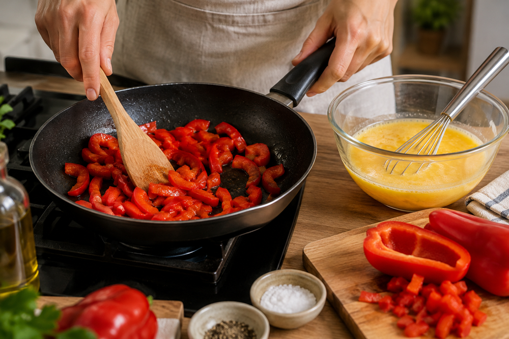 Con 1 morrón rojo y 2 huevos: la receta fácil para preparar una cena dorada sin prender el horno