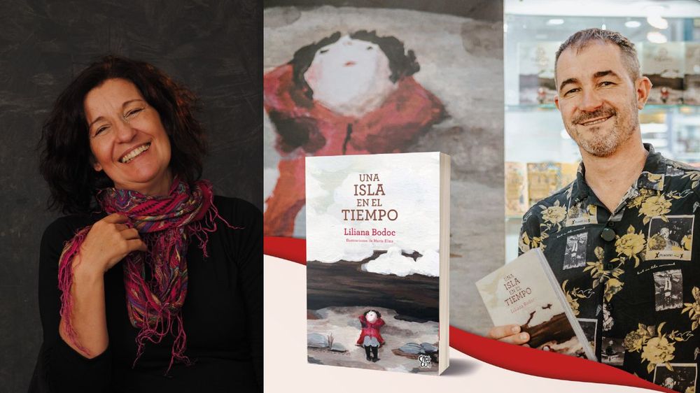 Liliana Bodoc, la portada de su novela y su hijo Galileo Bodoc.