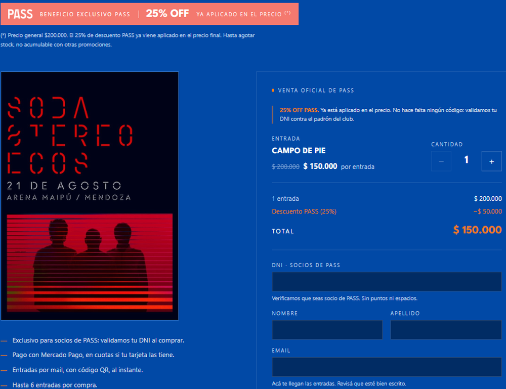 Los suscriptores de PASS tienen un 25% de descuento en tickets para el Soda Stereo ECOS.