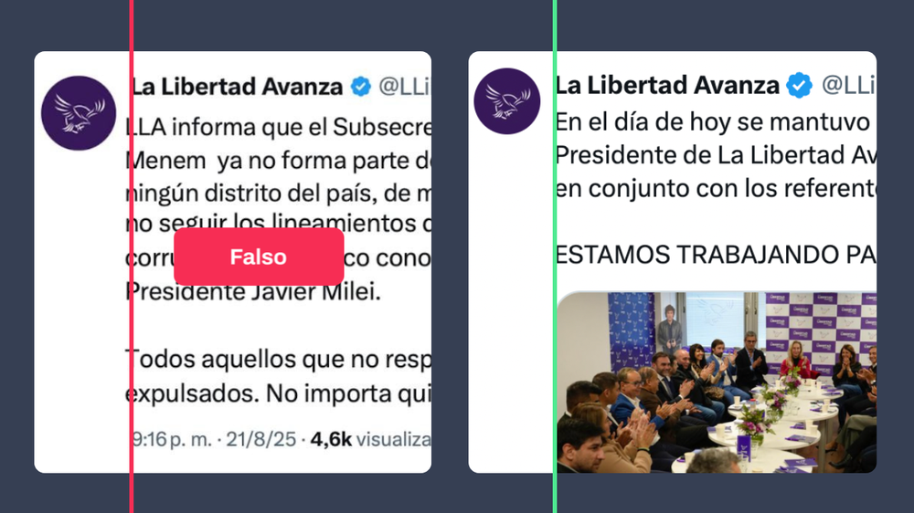A la izquierda, la captura viral falsa con el usuario y textos desalineados; a la derecha, un tuit verdadero de @LLibertadAvanza con los elementos alineados.  