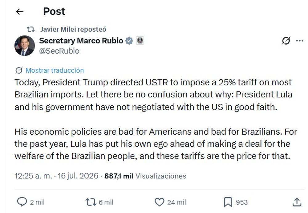 Milei celebró la imposición en Estados Unidos de un arancel del 25% a importaciones procedentes de Brasil