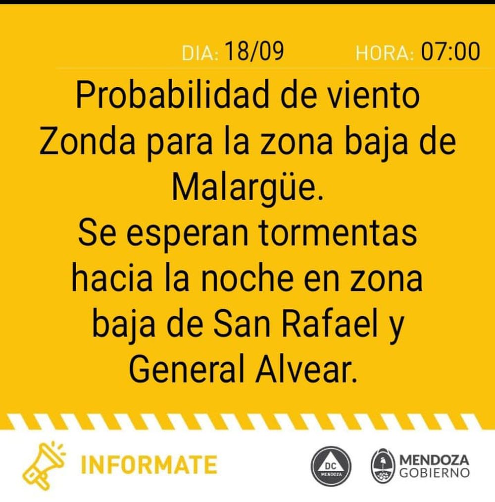 Alerta de Zonda para el jueves 18 de septiembre