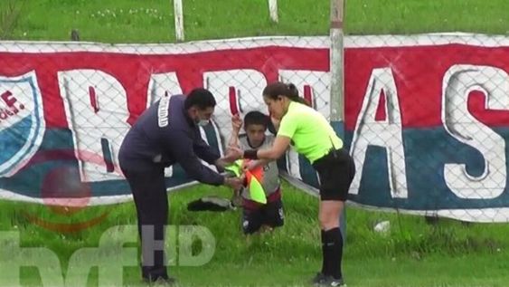 En el Ascenso de Uruguay, una jueza de línea estaba haciendo su trabajo cuando de repente dos teros invadieron la cancha y uno se le fue encima. / Gentileza.