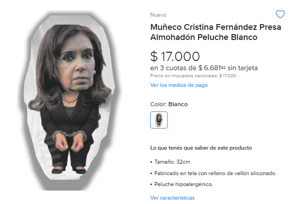 Venden un muñeco almohadón de Cristina Kirchner presa. 