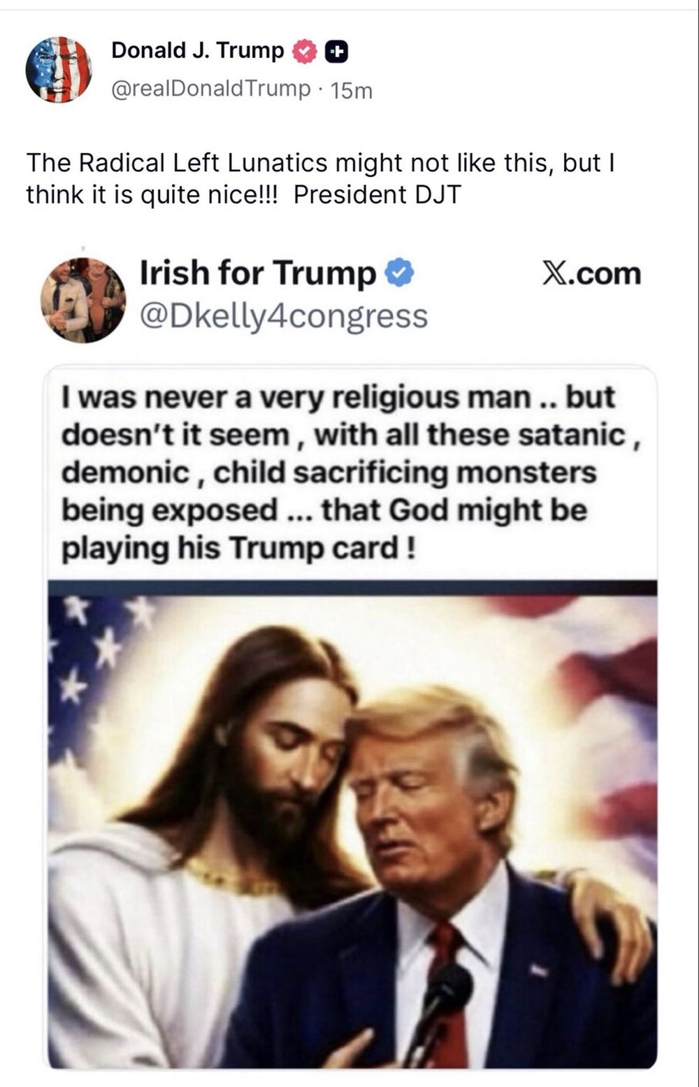 El post que comentó Donald Trump lo muestra junto a Jesús. 