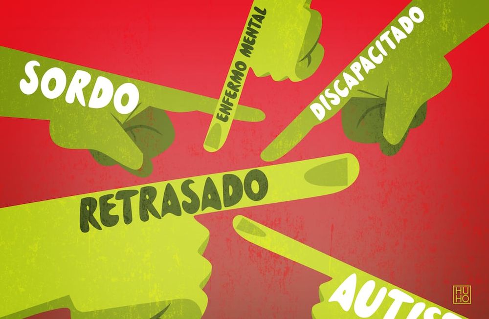 Los insultos generalizados aludiendo a condiciones existentes (“autista”, “sordo”, “Down”) obedecen a una concepción de la discapacidad como falla humana. Ilustración: Hugo Horita.
