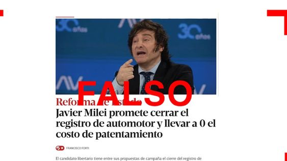 No, Clarín no publicó una noticia sobre una supuesta promesa de Javier Milei de cerrar el Registro Automotor, y esa propuesta no figura en su plataforma electoral. Foto: Reverso