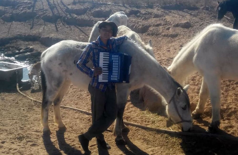 Federico toca la guitarra, la flauta y se “defiende” con cualquier instrumento pero su compañero inseparable es su acordeón. Foto: gentileza