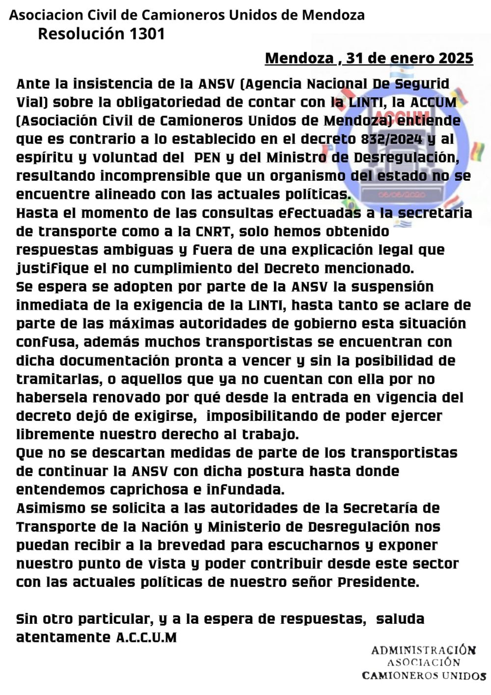 Comunicado oficial de A.C.C.U.M. (Asociación Civil de Camioneros Unidos de Mendoza).  