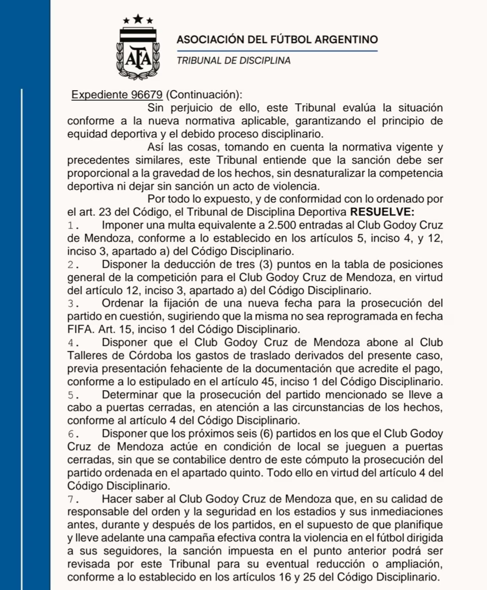 El comunicado de la AFA sobre la sanción a Godoy Cruz por la agresión de un hincha a un juez de línea. Foto: AFA