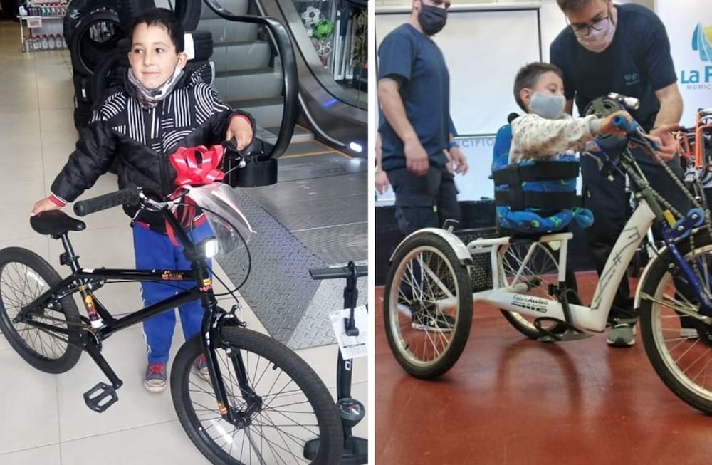 En Malargüe, José posa feliz con su nueva bici. Su “madrina” se la regaló desde EEUU. En La Paz, Agus se sorprendió al recibir el rodado que tracciona con sus manos. Fotos: gentileza