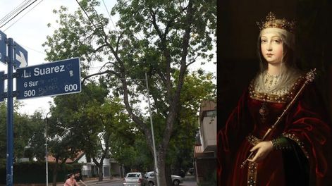 Esta calle de la Ciudad de Mendoza evoca a una de las mujeres más importantes de la historia universal: Isabel de Castilla, la reina católica. | Foto de José Gutiérrez y retrato de archivo.