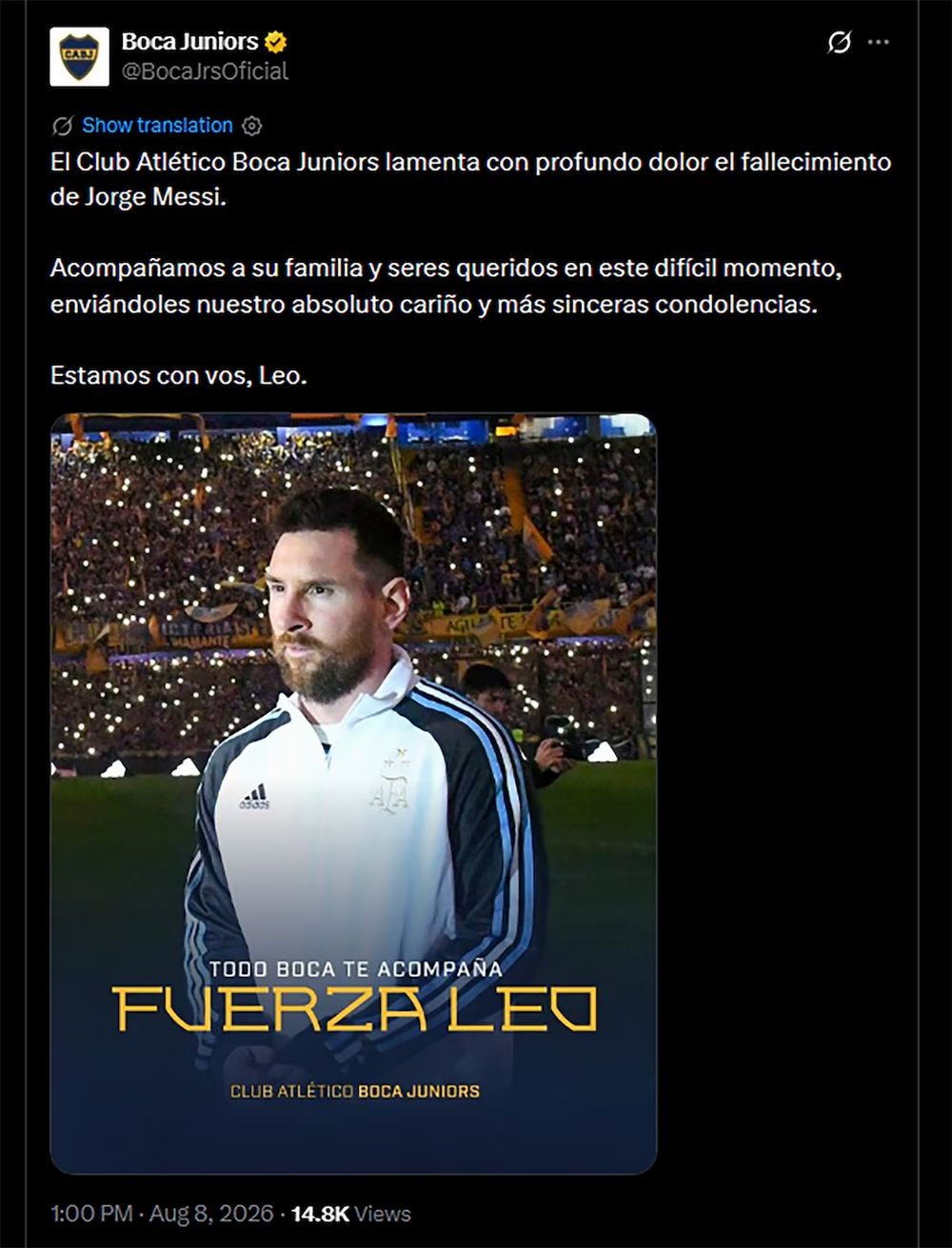 Las condolencias de Boca hacia la familia Messi
