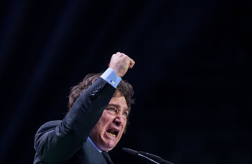 El presidente de Argentina, Javier Milei, hace un gesto con el puño en alto durante su discurso en el acto organizado por Vox, un partido español de ultraderecha, en Madrid, España, el 19 de mayo de 2024. (AP Foto/Manu Fernandez)