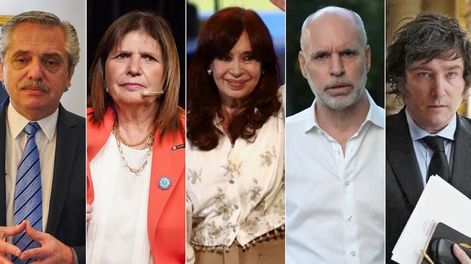 Alberto Fernández, Patricia Bullrich, Cristina Fernández de Kirchner, Horacio Rodríguez Larreta y Javier Milei. Foto: web