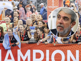 El festejo de Aníbal Fernández con Las Leonas tras conquistar el Mundial de Hockey Femenino 2026