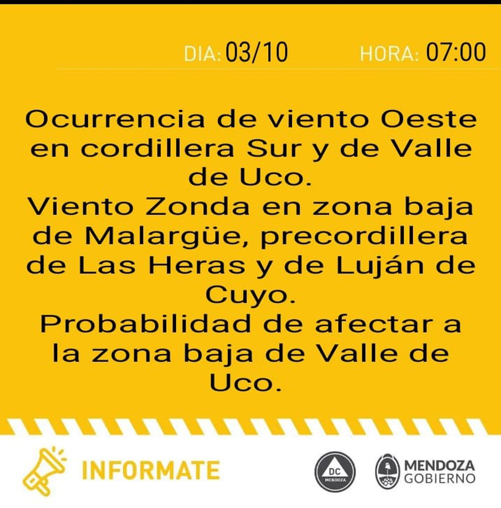 Alerta amarilla por viento Zonda (03/10/25)