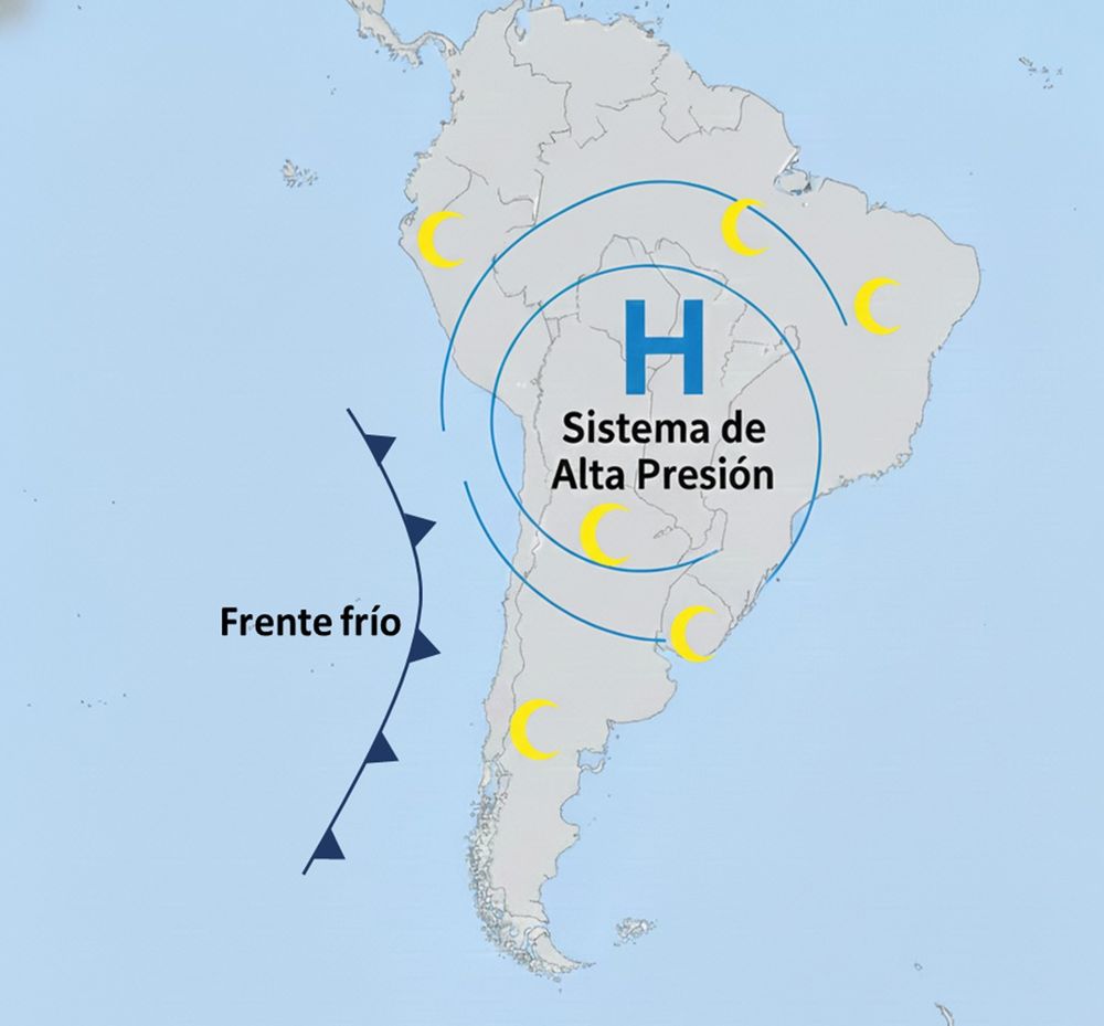 Preparación. Mapa sinóptico (simplificado) de una helada, que muestra cómo la atmósfera se organiza para  favorecer la ocurrencia del fenómeno