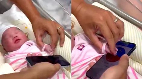 Una bebé elige su nombre gracias a la tecnología: el video muestra como sus padres le colocan un celular para que presione la ruleta.&nbsp;