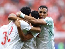 El festejo de los jugadores de Marruecos tras eliminar a Canadá y avanzar a los cuartos de final. El equipo africano jugó un gran segundo tiempo y terminó goleando al anfitrión.