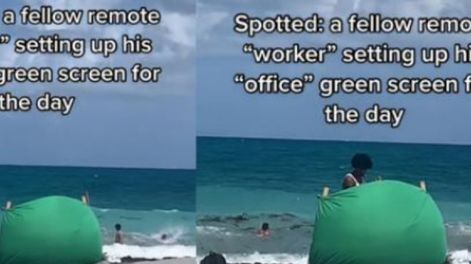 Un joven instala un croma para teletrabajar desde la playa. Foto: Web