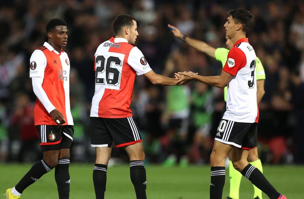 ROTTERDAM, NETHERLANDS - SEPTEMBER 15: Oussama Idrissi of Feyenoord celebrates with teammate Ezequiel Bullaude after scoring their sides sixth goal during the UEFA Europa League group F match between Feyenoord and SK Sturm Graz at Feyenoord Stadium on September 15, 2022 in Rotterdam, Netherlands. (Photo by Dean Mouhtaropoulos/Getty Images)