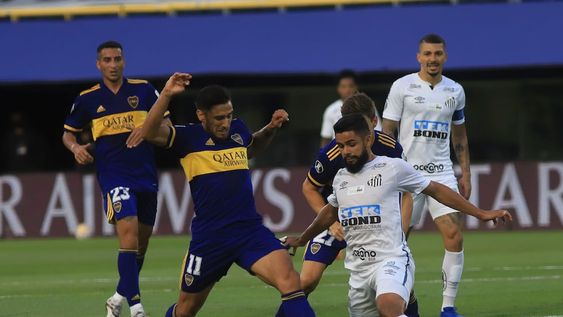 Telam, Ciudad de Buenos Aires, 06 de enero de 2021:  Escena del encuentro entre Boca Juniors y Santos, de Brasil, que juegan la semifinal de ida de la Copa Libertadores en la Bombonera.Foto: Mariano Sánchez/Pool ARGRA/aa/Telam