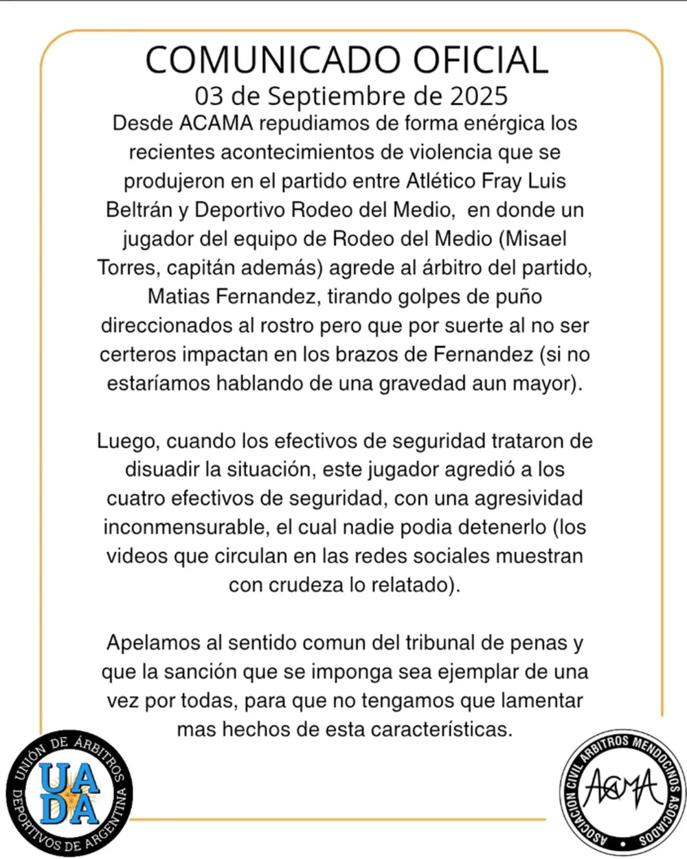ACAMA pidió una fuerte sanción contra el defensor de Rodeo del Medio. 