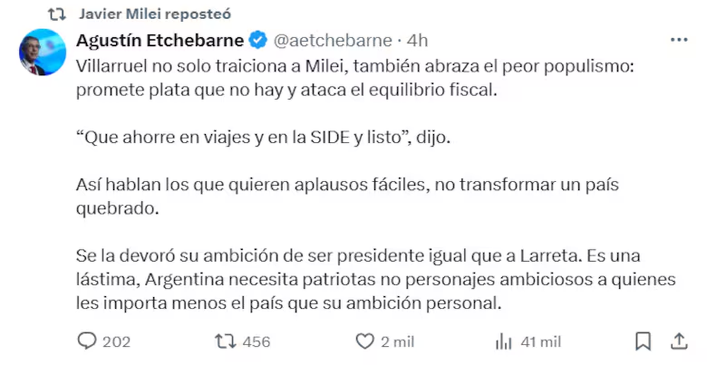 Javier Milei compartió en redes mensajes contra Victoria Villarruel.