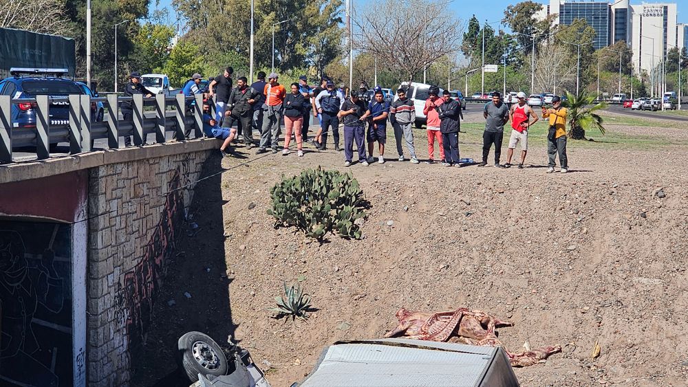 Camión desbarrancó en el Acceso Este y cayó sobre Cañadita Alegre-.
