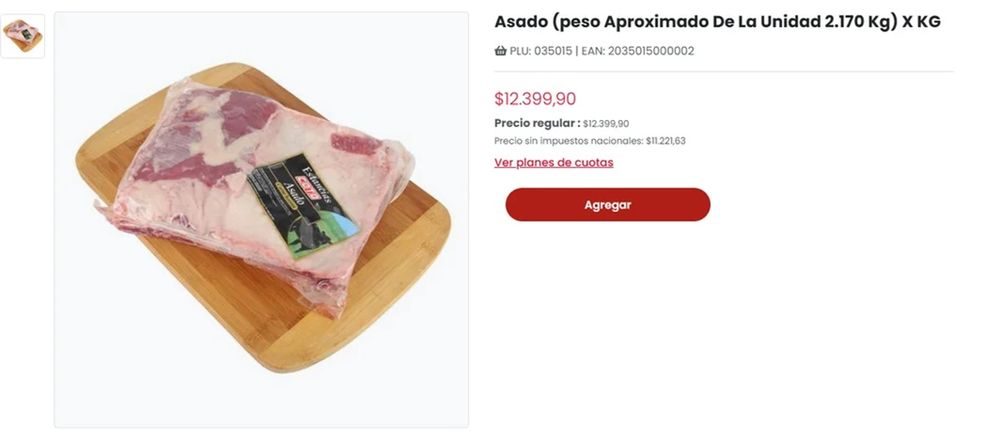En abril 2025, ese mismo corte —envasado al vacío— aparece en $12.399,90 por kilo