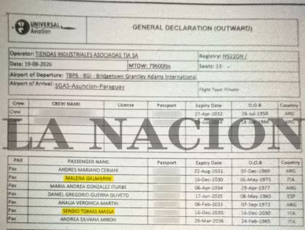 Registro del vuelo desde Barbados a Paraguay, en el que volaron Sergio Massa y Malena Galmarini
