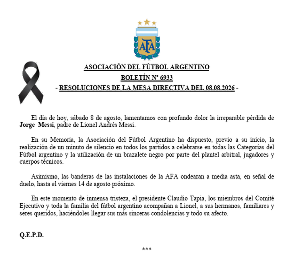 La AFA dispuso un minuto de silencio en todos los partidos del fútbol argentino.